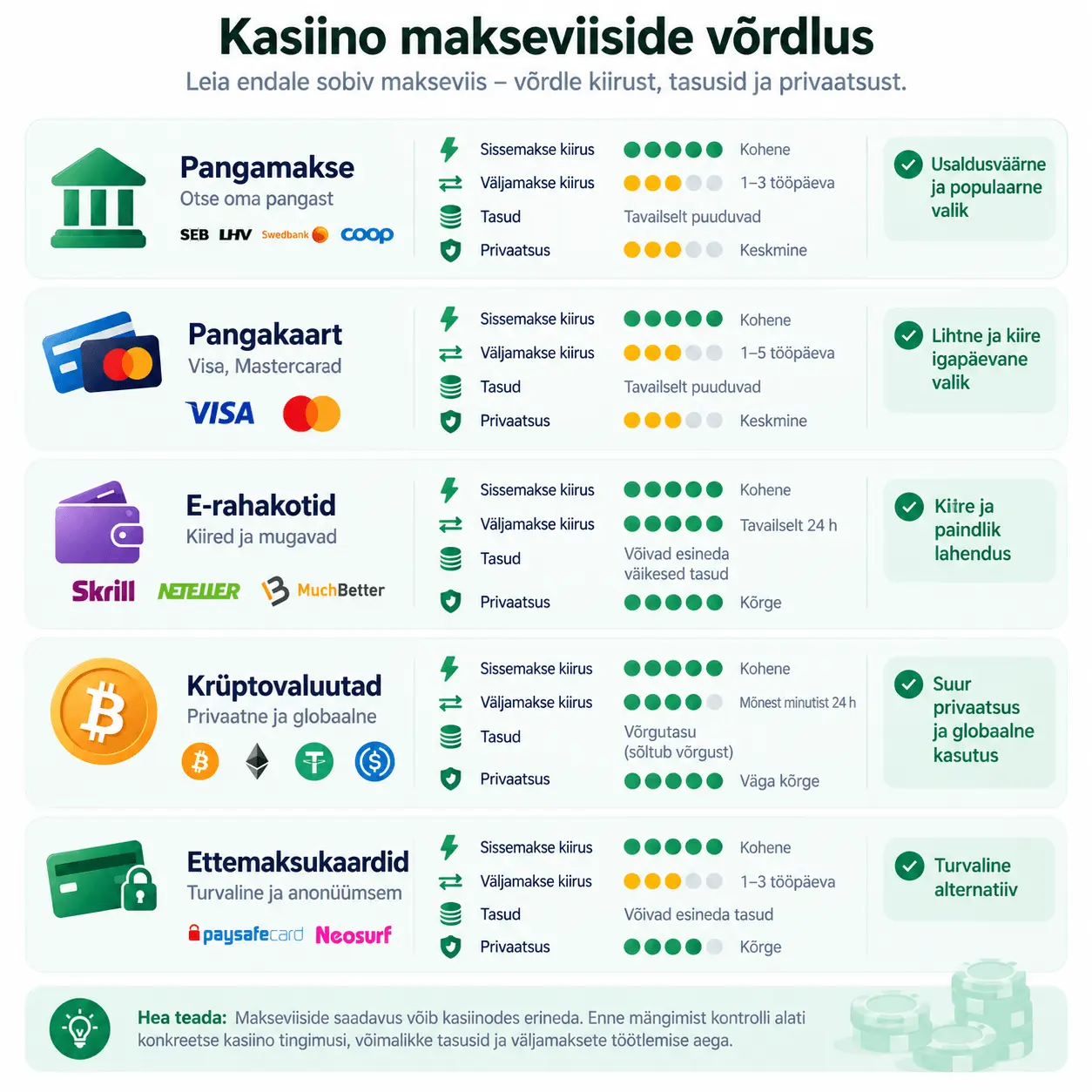 Kasiino makseviiside võrdlus