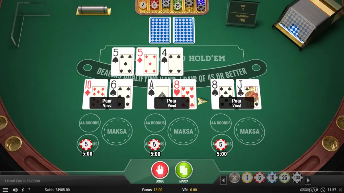 Casino Hold’emi laud diileri vastu, kus mängija valib Maksa ja Loobu vahel