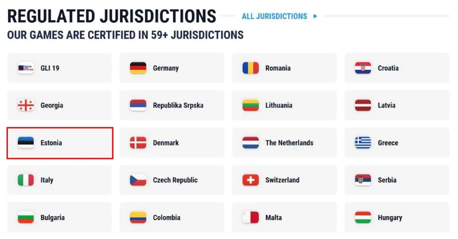 Endorphina kodulehe plokk „Regulated jurisdictions“ („Our games are certified in 59+ jurisdictions“), kus Eesti lipuga plaat on punase raamiga esile tõstetud